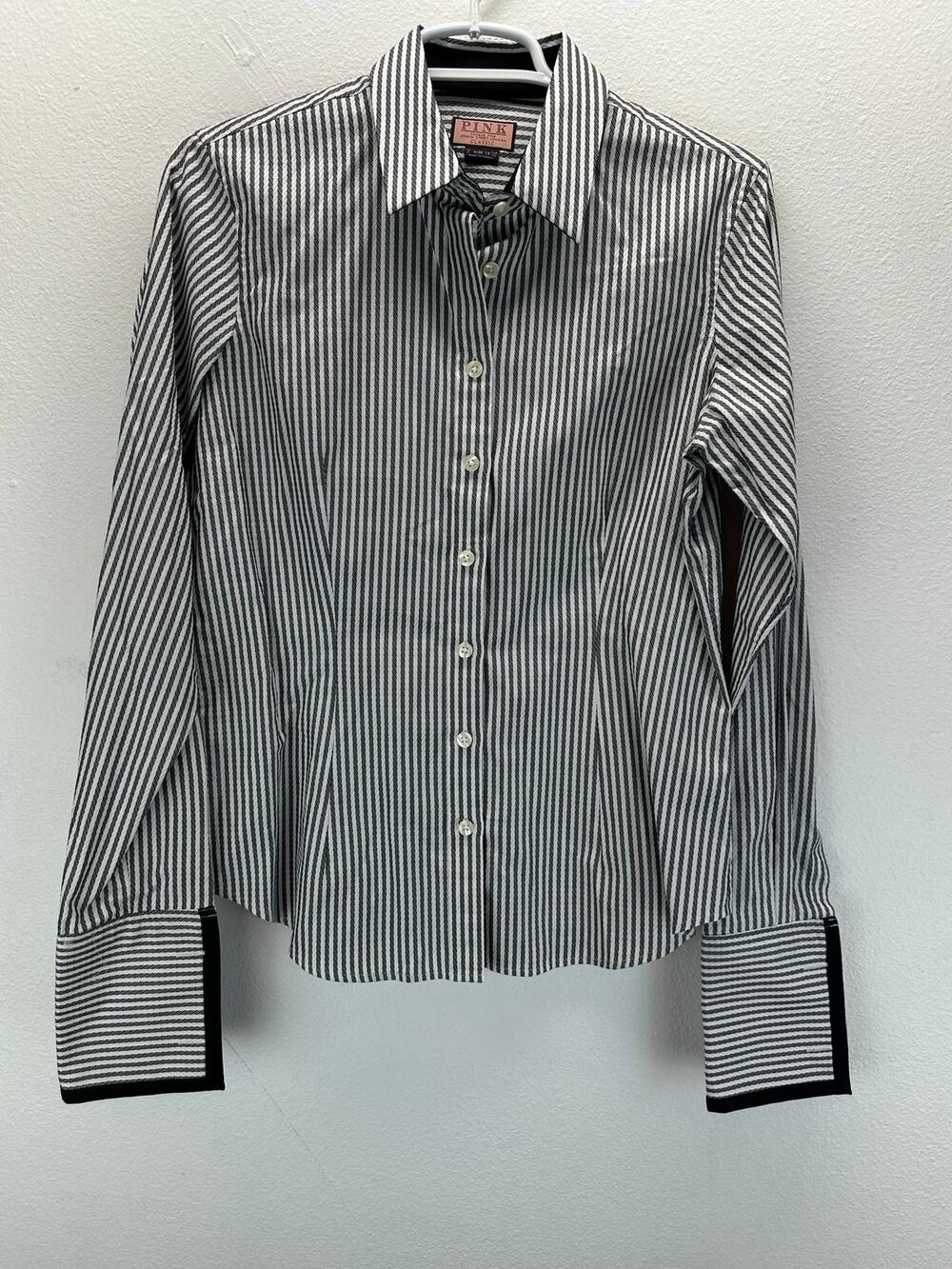 Pink Thomas Pink Black White Striped Button Down Shirt Cuff Link Cuffs Wide 8